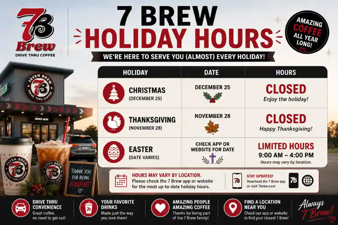 7 Brew holiday hours including Christmas, Thanksgiving, and Easter