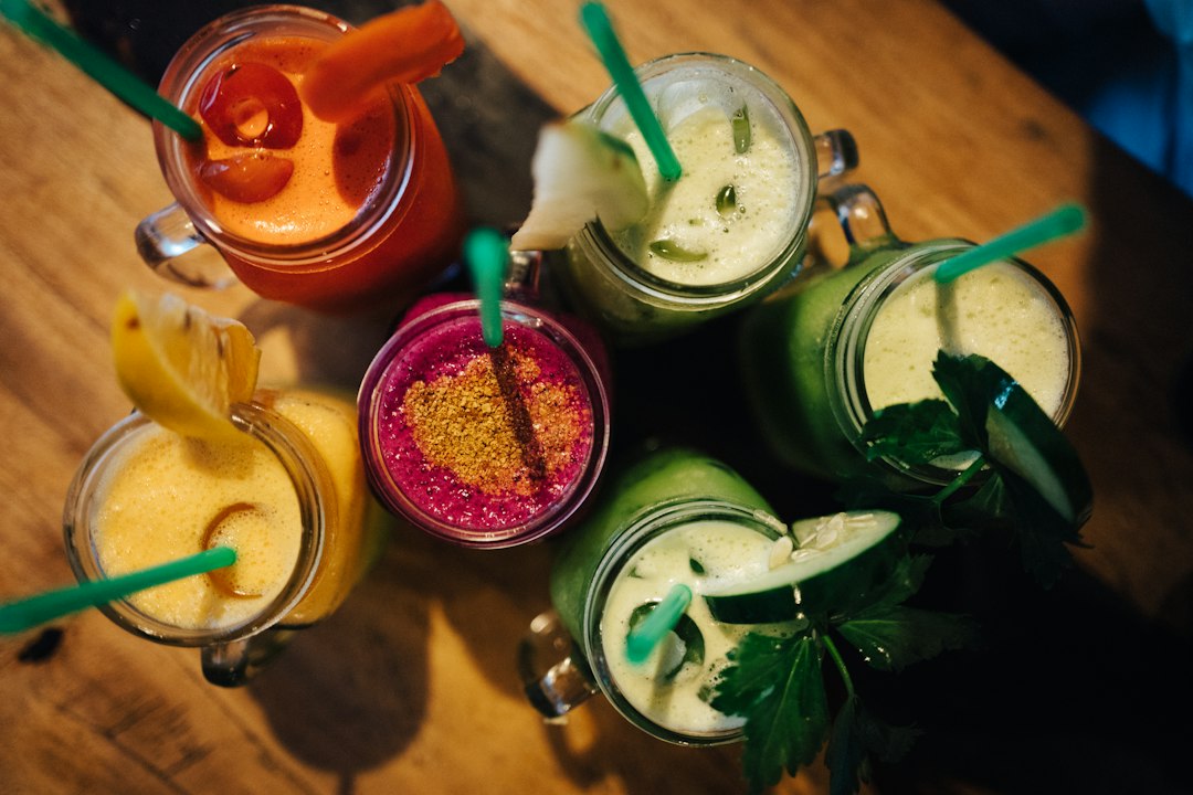 Assorted colorful fruit smoothies
